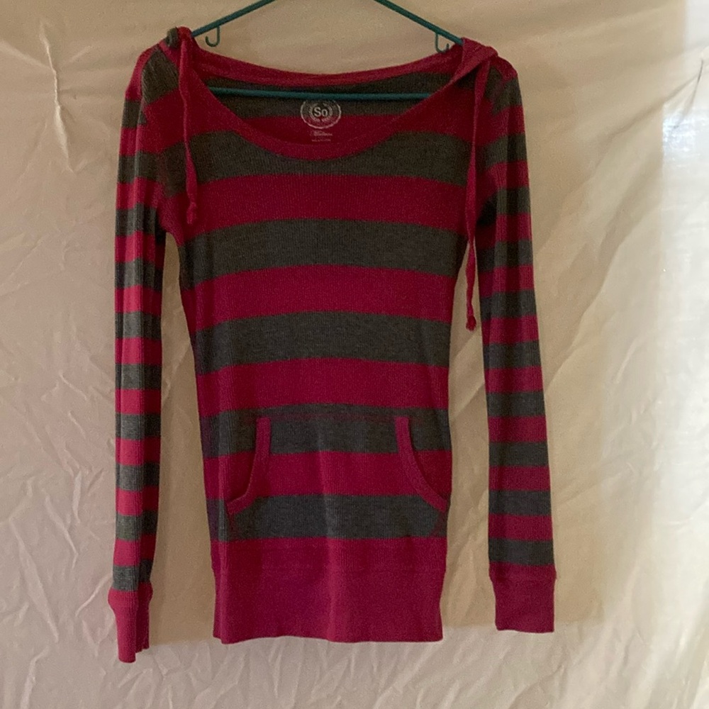 SO Pink and Gray Crew Neck Sweater with Stripes